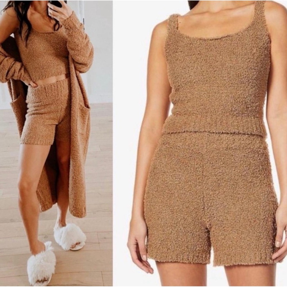 Skims Boucle Knit Lounge Set Women L/XL Brown NEW Fuzzy Tank‎ & Shorts